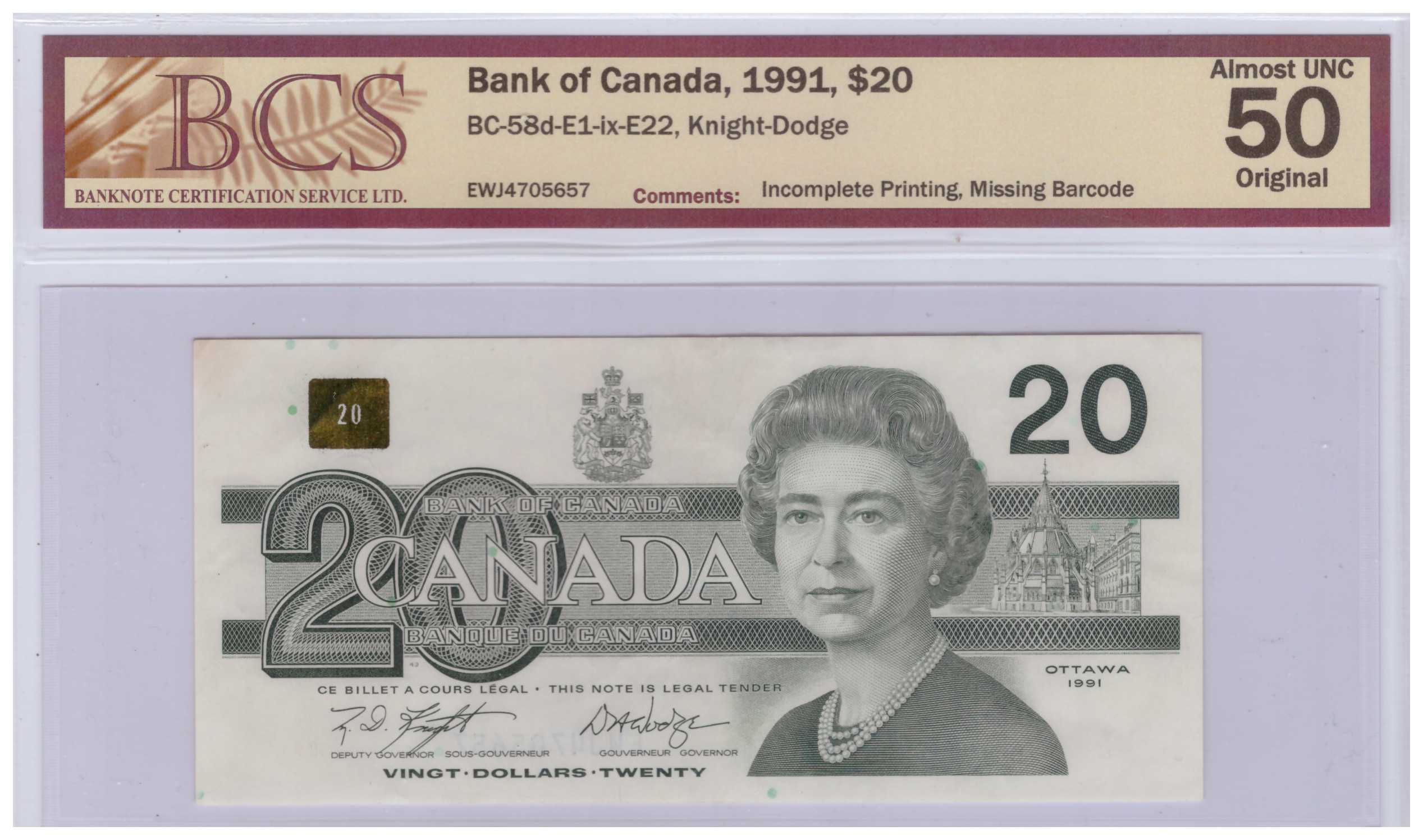 $20 - 1991 EWJ4705657 - Error 100% back missing - Missing background printing on front - Missing Bar codes - Front pic - BCS Almost Unc 50.jpeg