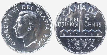 Set of 2 Canada 5 Cent Nickels 1951 Commemorative & 1951 Low Relief 
